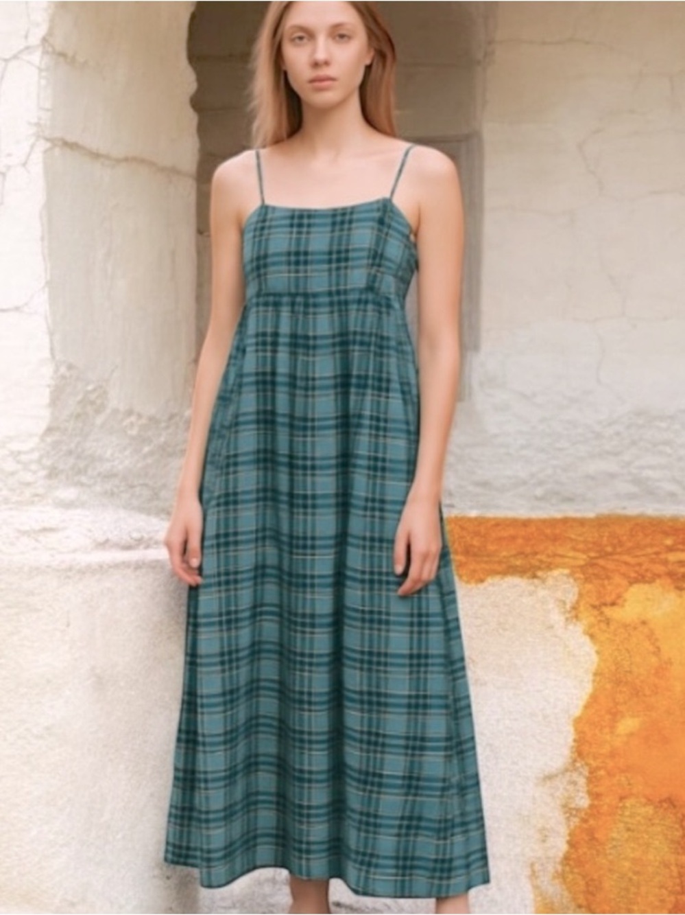 Maku Gathered Slip Dress Plaid Blue Green Yellow Cotton Handmade India Size M